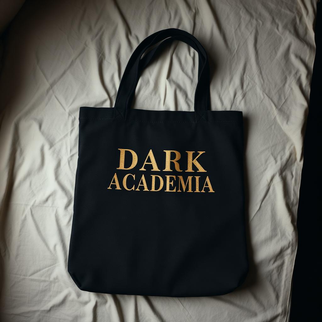 Dark Academia Crest tote, flat-lay